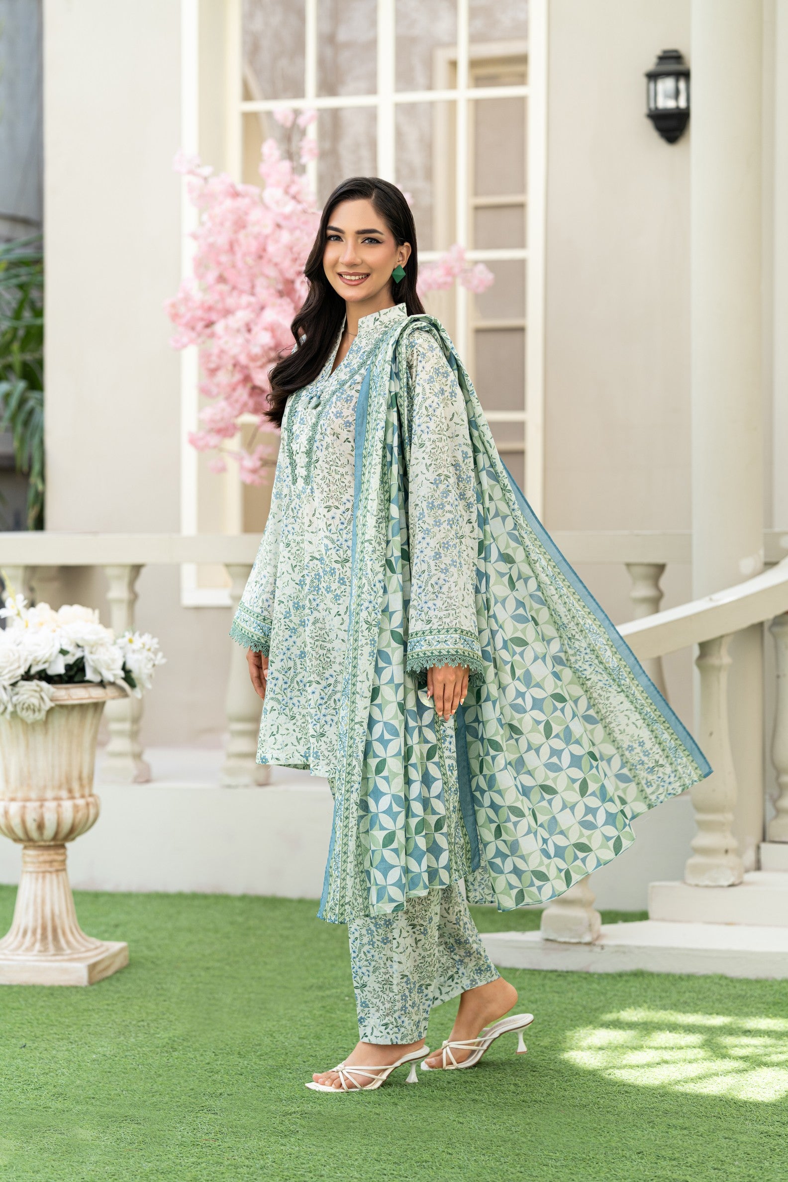KBC Fashion-3PC Printed Stitch Lawn Suit (Green & Cream)-PV1-SV18