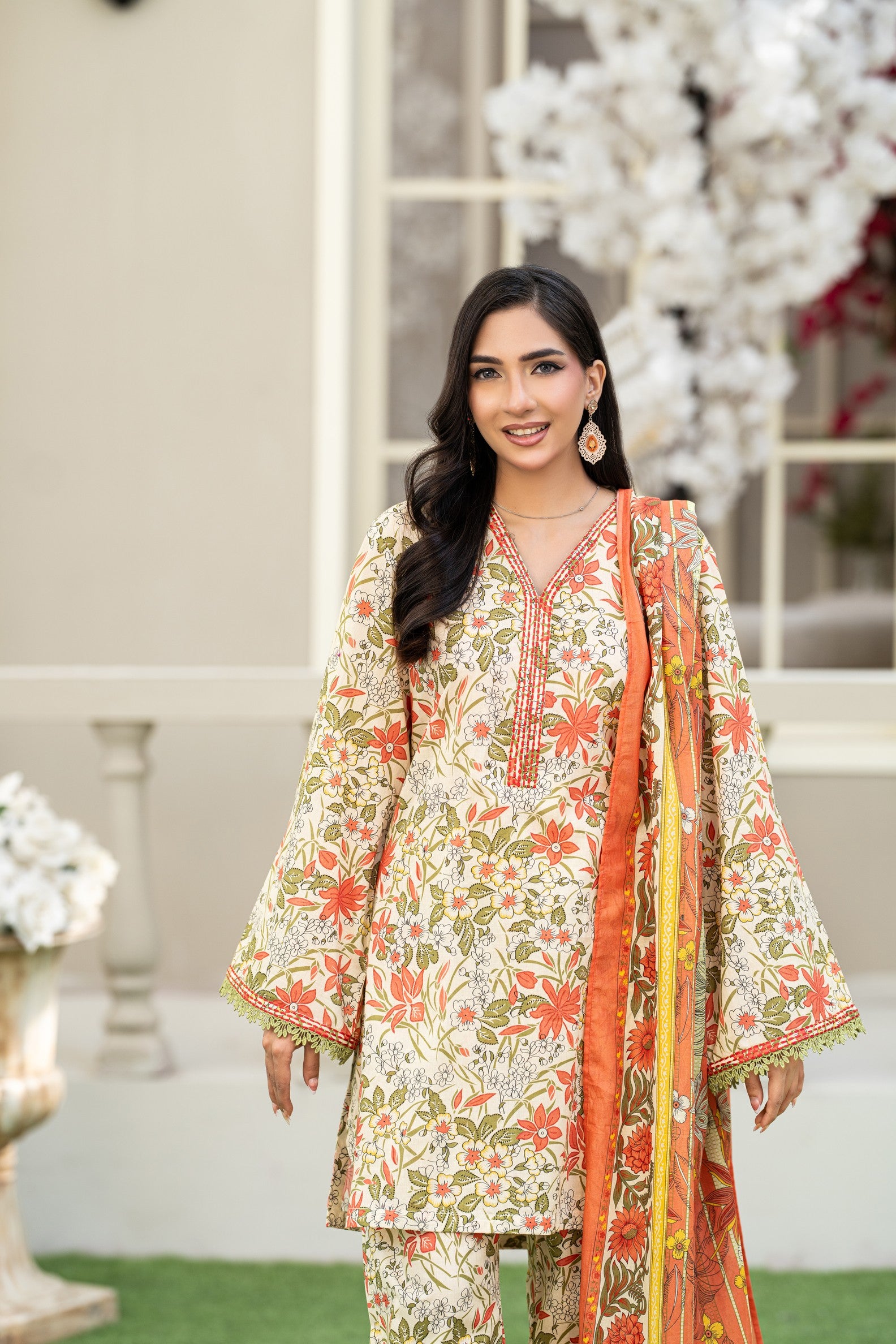 KBC Fashion-3PC Printed Stitch Lawn Suit (orange white)-PV1-SV29