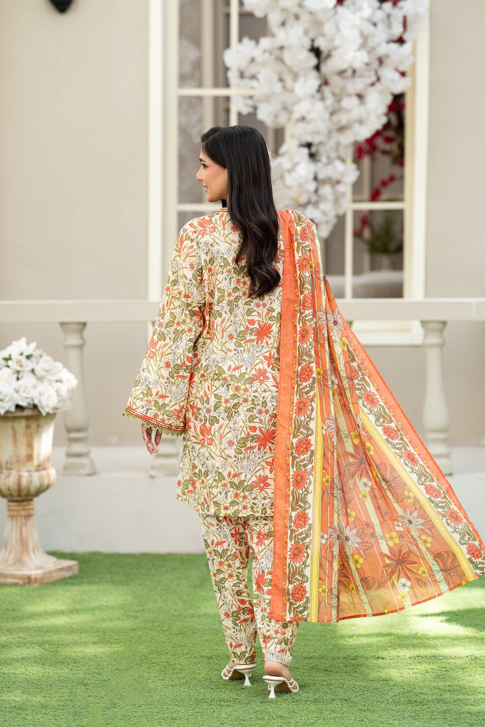 KBC Fashion-3PC Printed Stitch Lawn Suit (orange white)-PV1-SV29