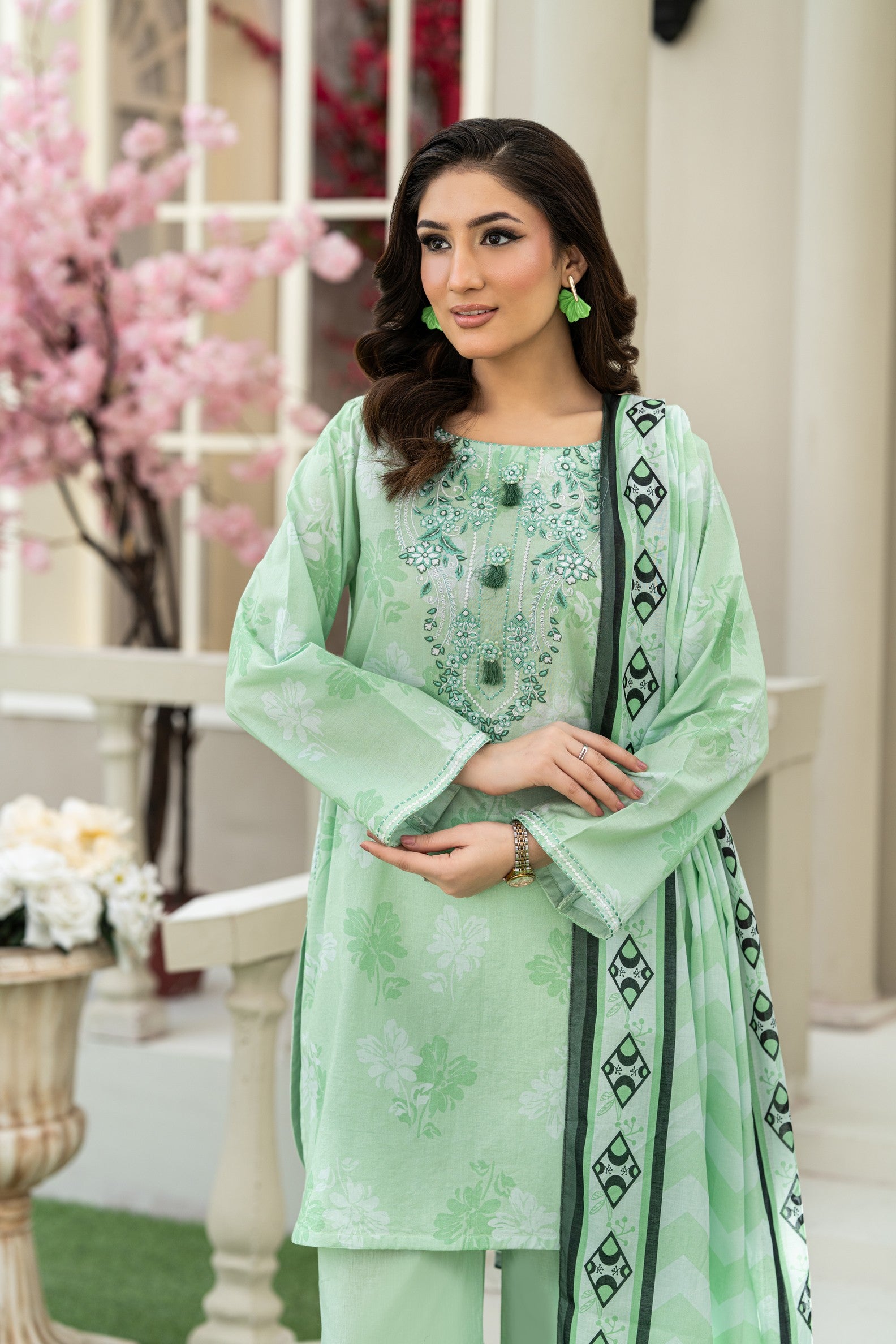 Mint Blossom – 3PC Embroidered Stitched Suit (Pista)-PV1-SV-26