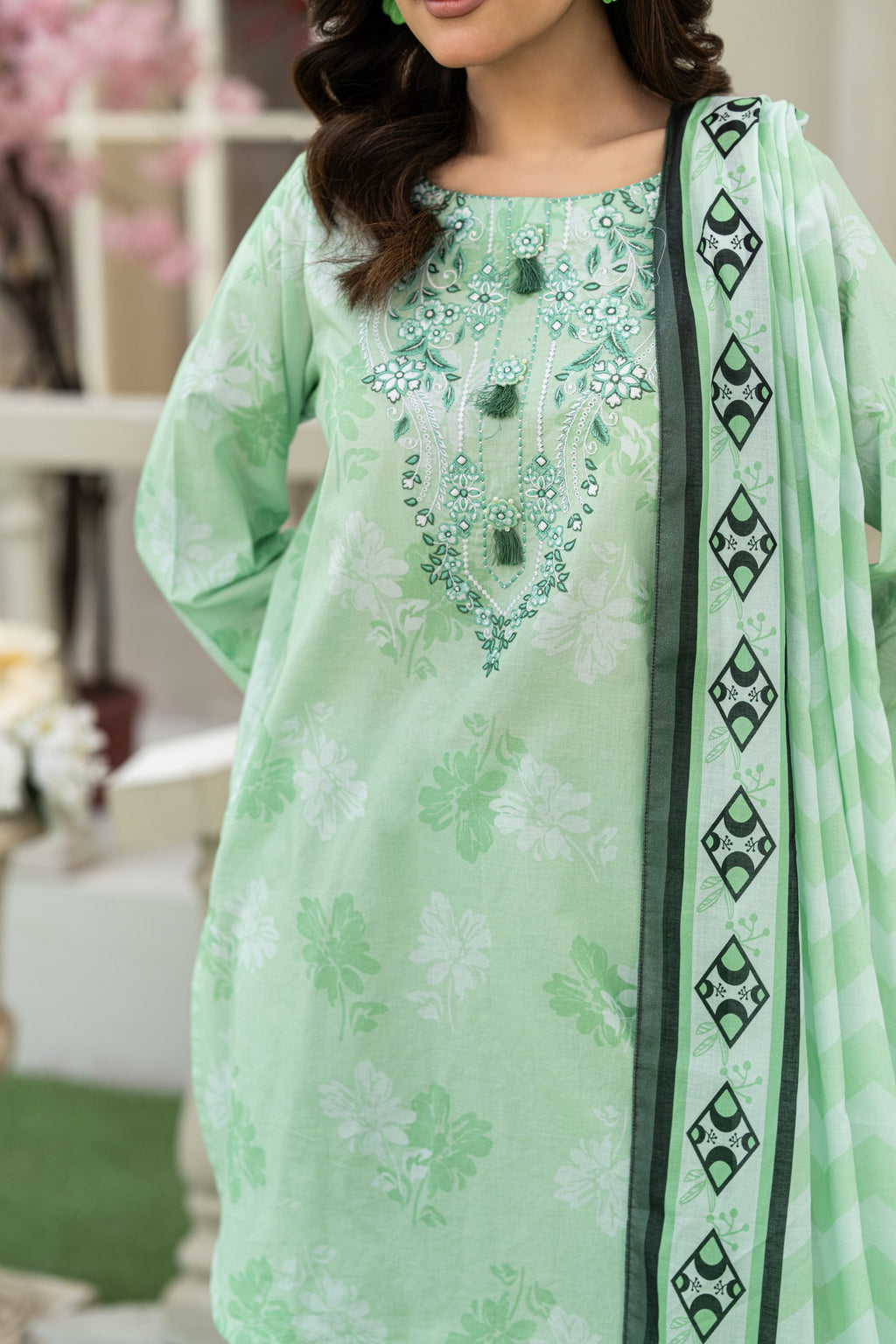 Mint Blossom – 3PC Embroidered Stitched Suit (Pista)-PV1-SV-26