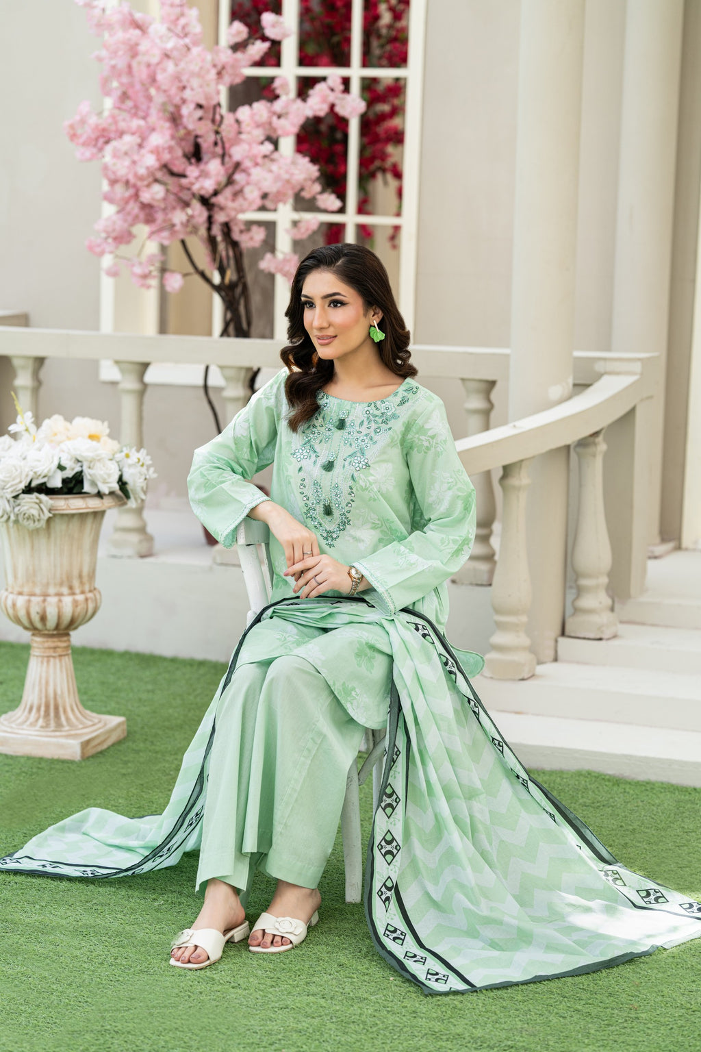 Mint Blossom – 3PC Embroidered Stitched Suit (Pista)-PV1-SV-26