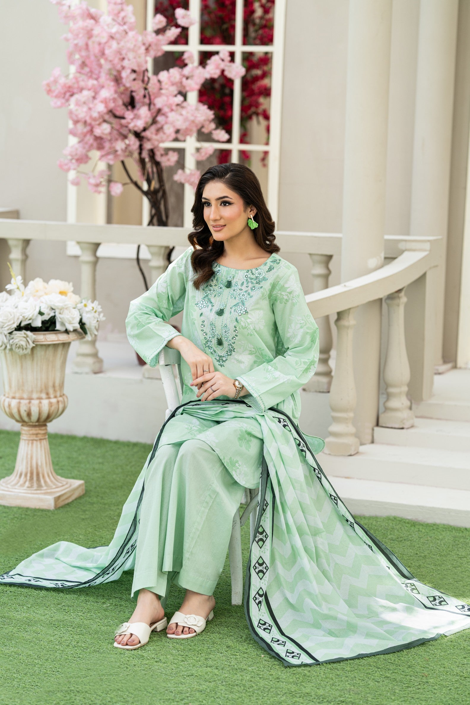 Mint Blossom – 3PC Embroidered Stitched Suit (Pista)-PV1-SV-26