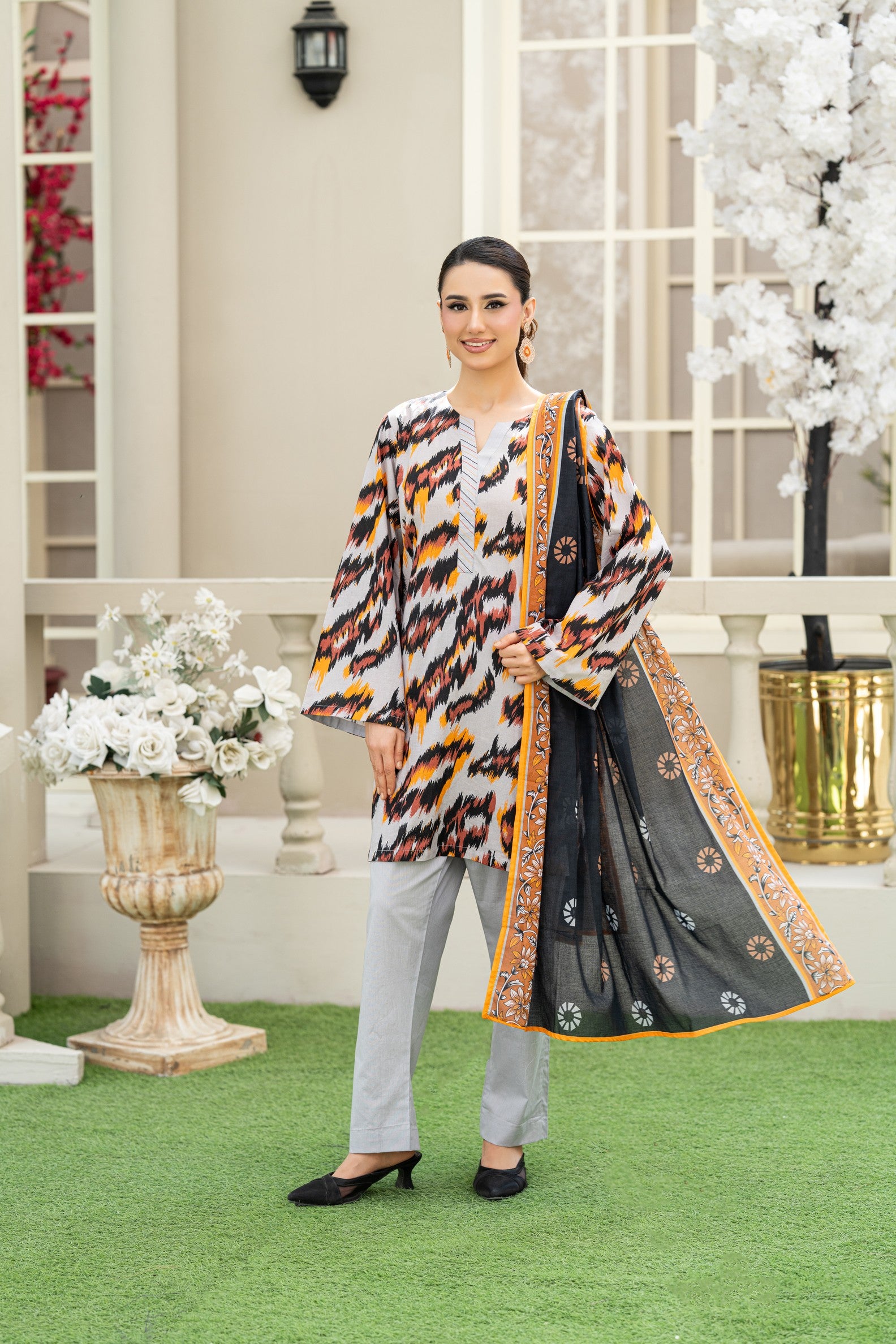 Sunset Ikat Elegance-3PC Printed Stitch Lawn Suit (Multi)-PV1-SV2