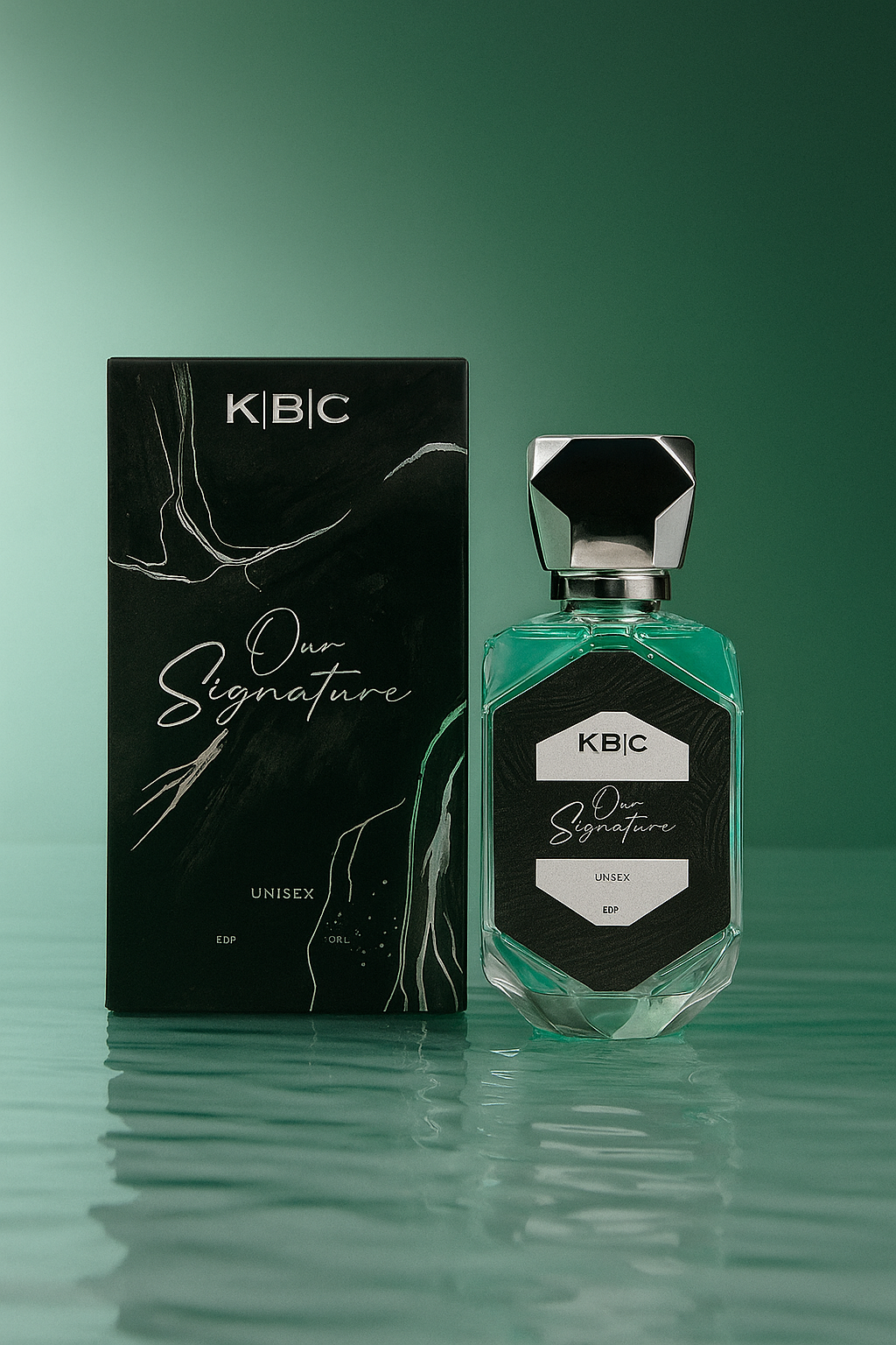KBC perfume bottle and packaging on a green background