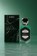 KBC perfume bottle and packaging on a green background