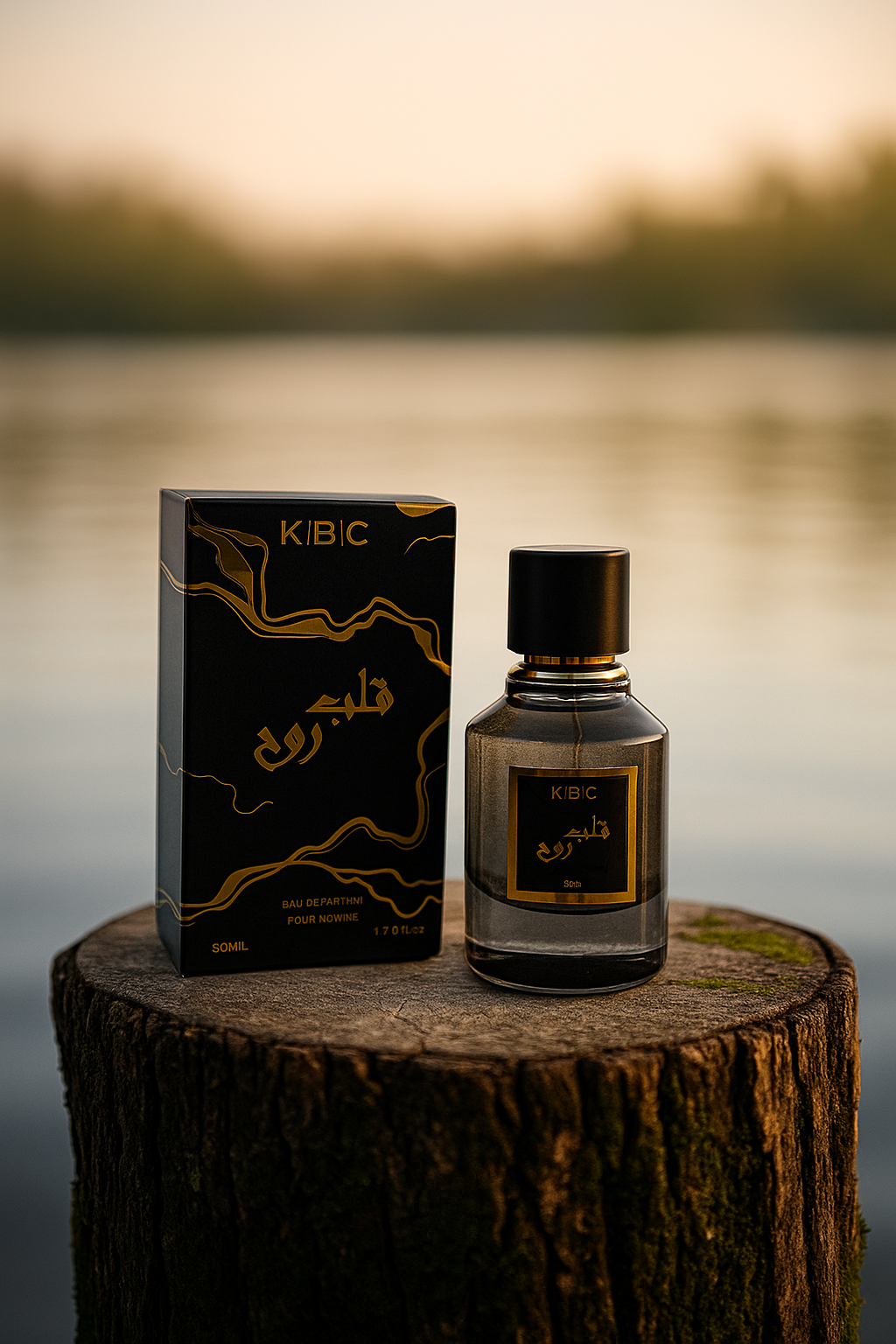 KIBIC perfume bottle and packaging on a wooden stump with a blurred natural background