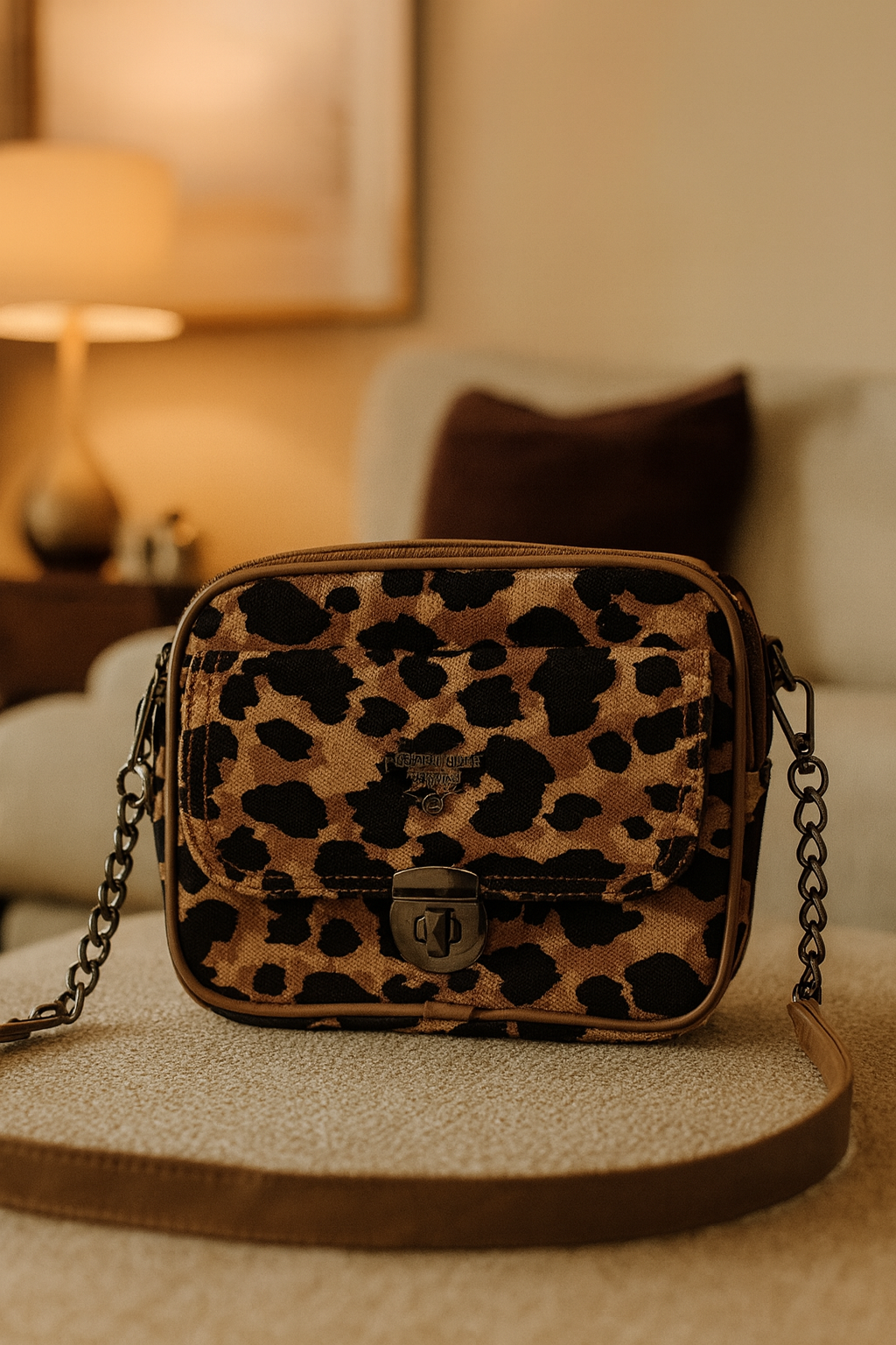 Leopard print handbag on a surface with a blurred background