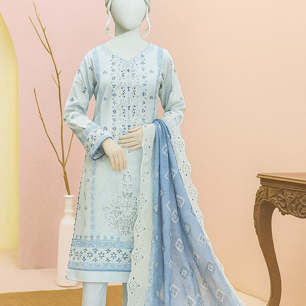Light blue embroidered traditional outfit with a matching dupatta on a mannequin against a pink background.