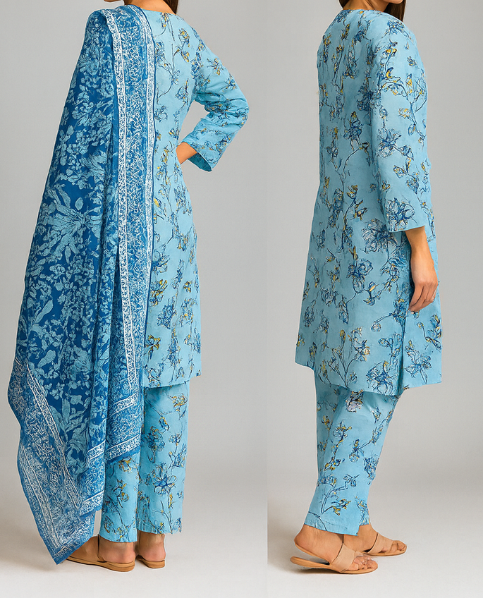Light blue floral traditional outfit with matching dupatta on a gray background