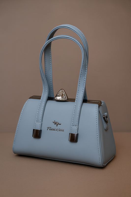 Light blue handbag with brown accents on a brown background
