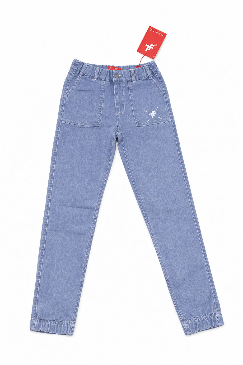 Light blue jeans with a red tag on a white background