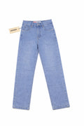 Light blue jeans with a brand tag on a white background