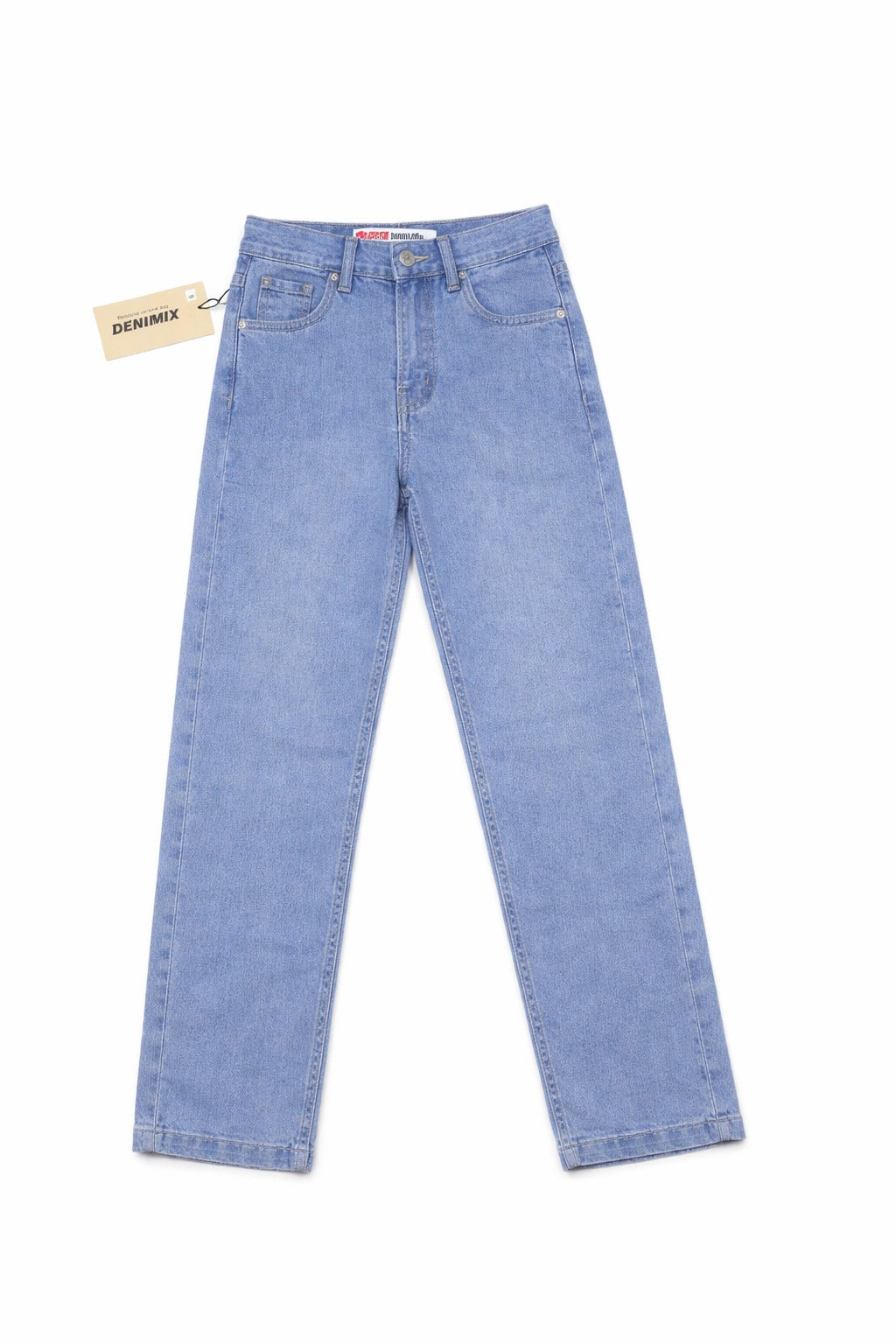 Light blue jeans with a brand tag on a white background
