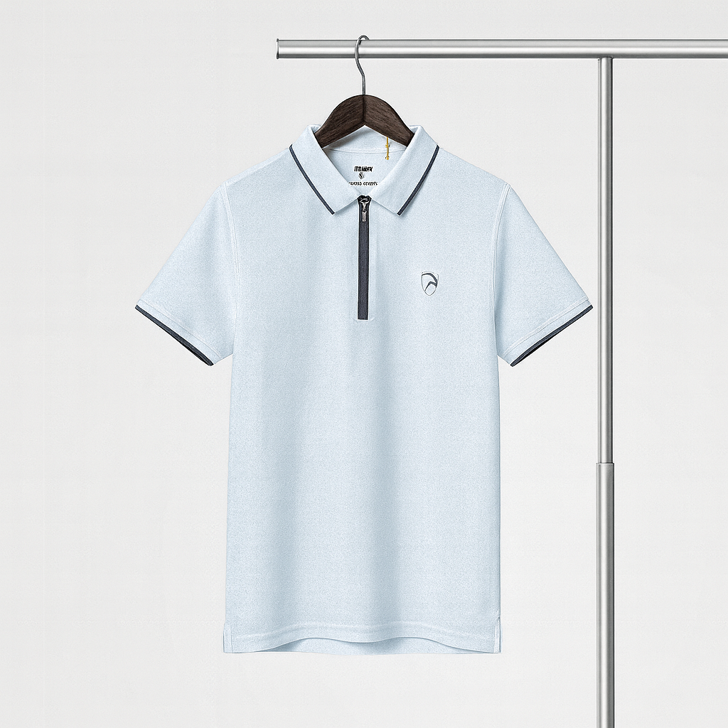 Light blue polo shirt with a brand logo on a hanger against a white background