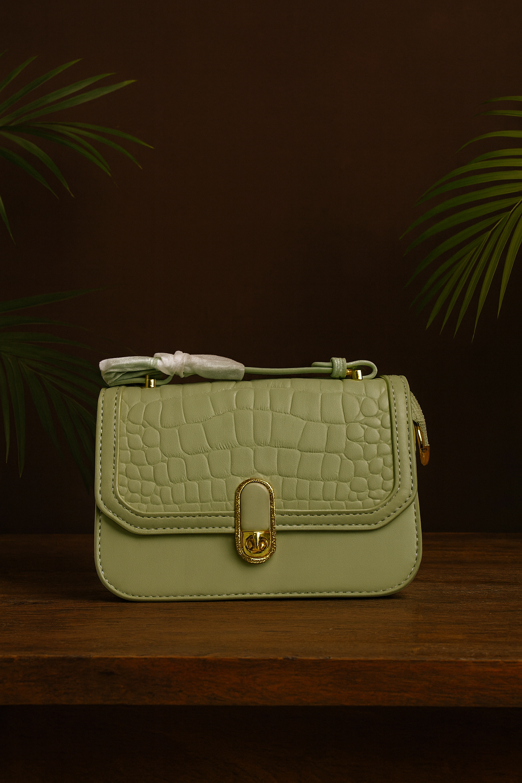 Light green handbag with gold lock on a dark background