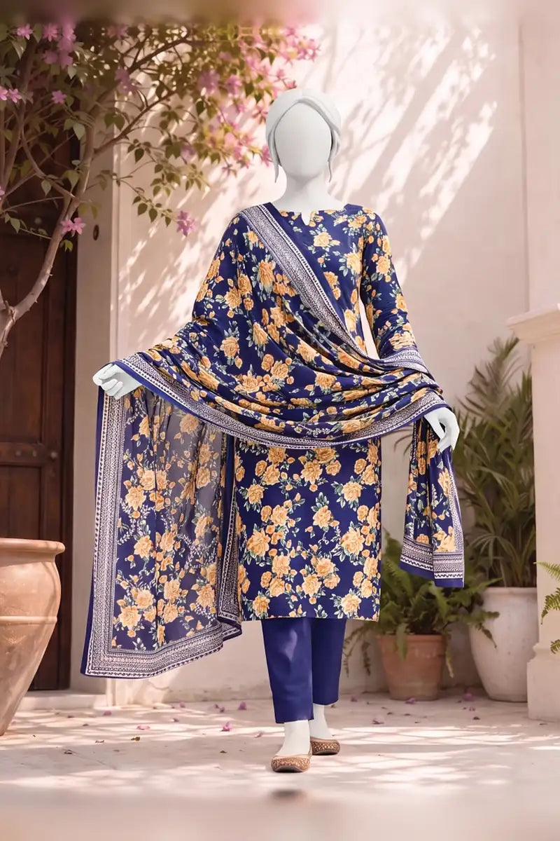 MTJ Tariq Jamil Unstitched 3 Piece Digital Print Cambric Suit - Navy Blue