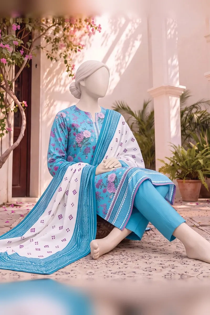 MTJ Tariq Jamil Unstitched 3 Piece Digital Print Cambric Suit - Light Blue