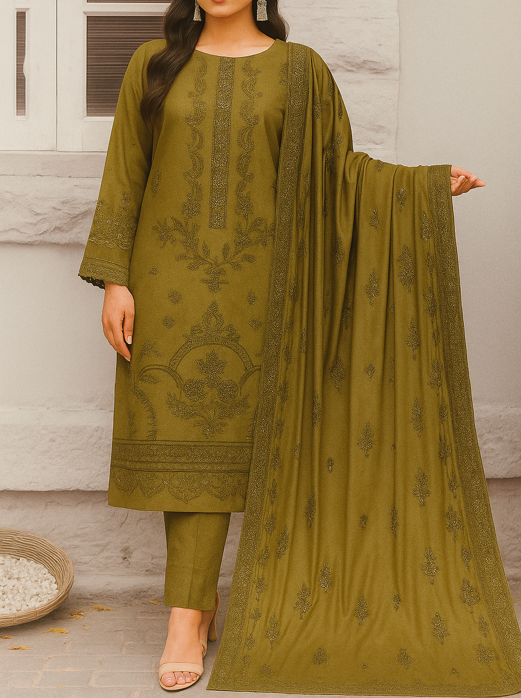 Mahndi Green embroidered traditional outfit with dupatta on a neutral background