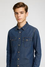 Man wearing a blue denim shirt on a white background
