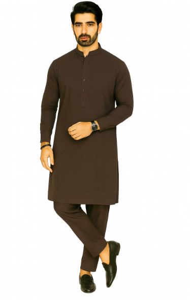 Man wearing a brown kurta with trouser on a white background