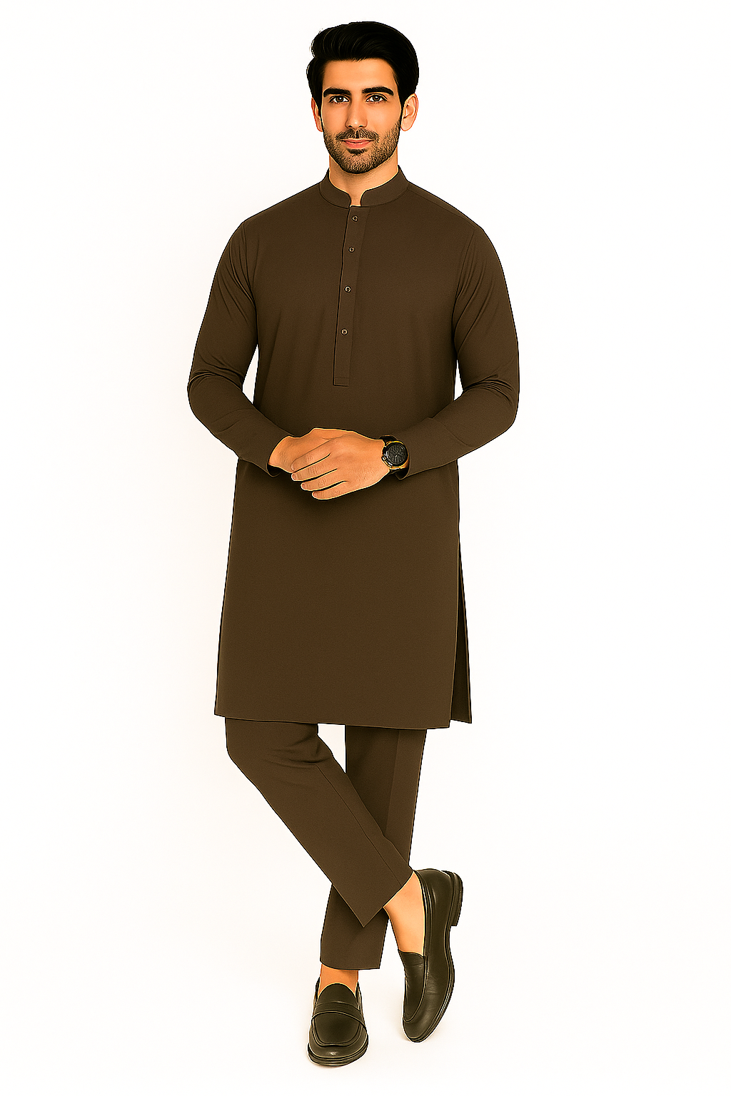 Man wearing a brown kurta with trouser  a white background
