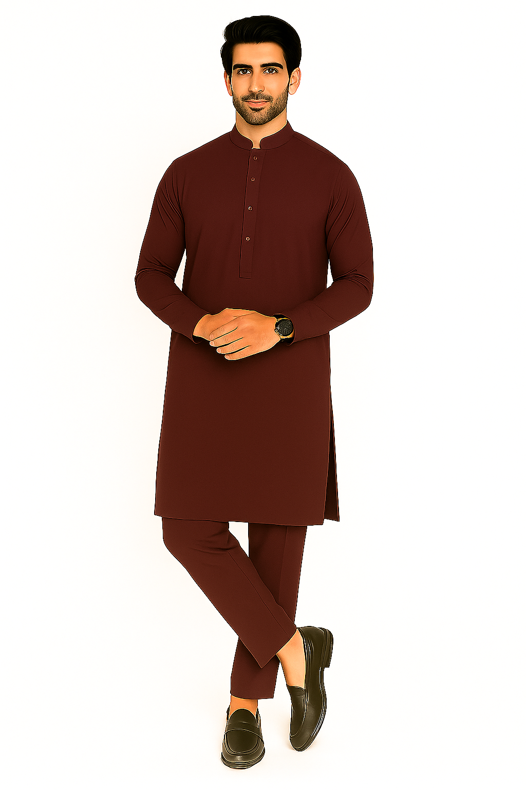 Man wearing a brown kurta with trouseron a white background