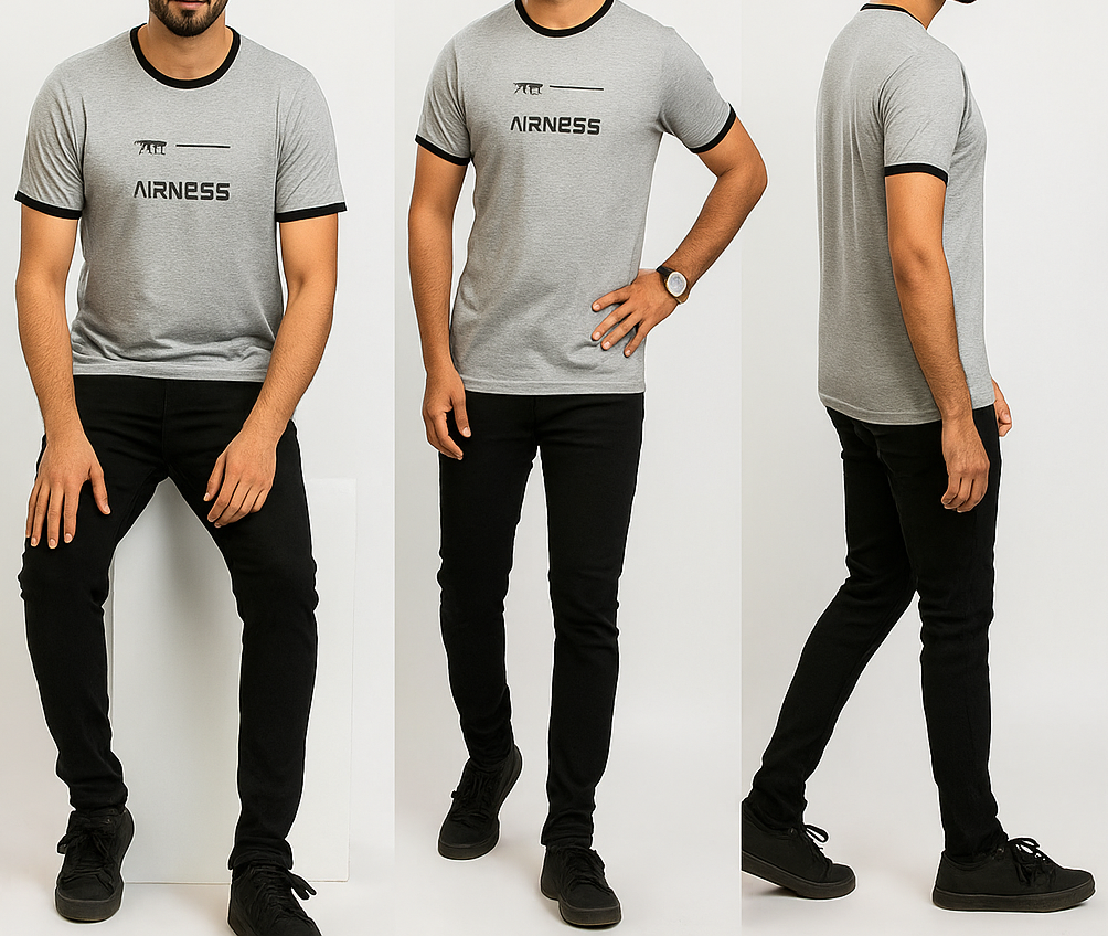 Man wearing a gray t-shirt with 'AIRNESS' branding in three different poses on a white background.