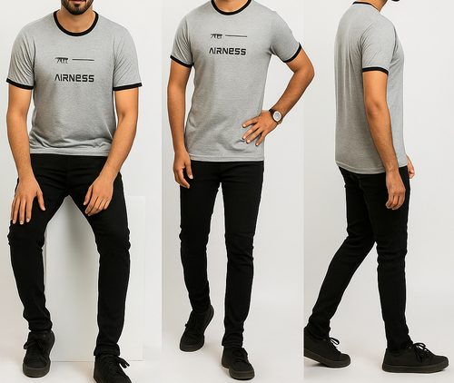 Man wearing a gray t-shirt with 'AIRNESS' branding in three different poses on a white background.