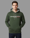 Man wearing a green hoodie with 'Aeronautica Militare' logo on a gray background