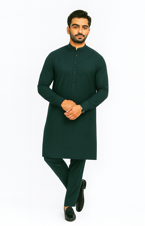 Man wearing a green kurta with trouser on a white background