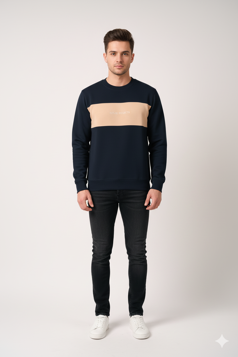 Man wearing a navy and beige sweater with black pants on a white background