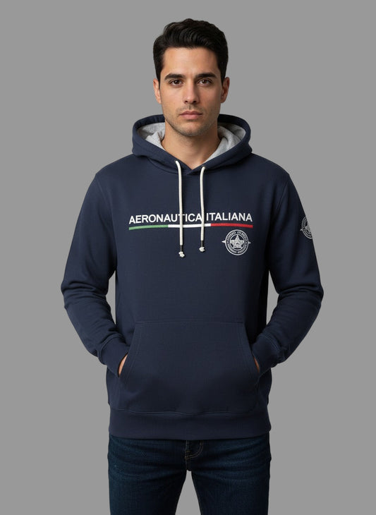 Man wearing a navy hoodie with 'Aeronautica Italiana' logo on a gray background