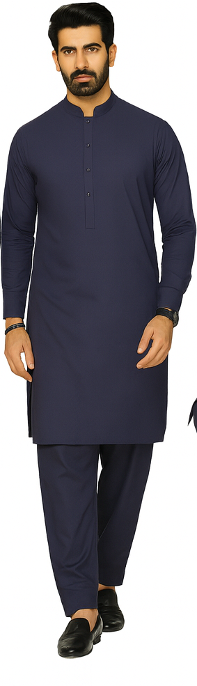 Man wearing a navy kurta with trouseragainst a white background