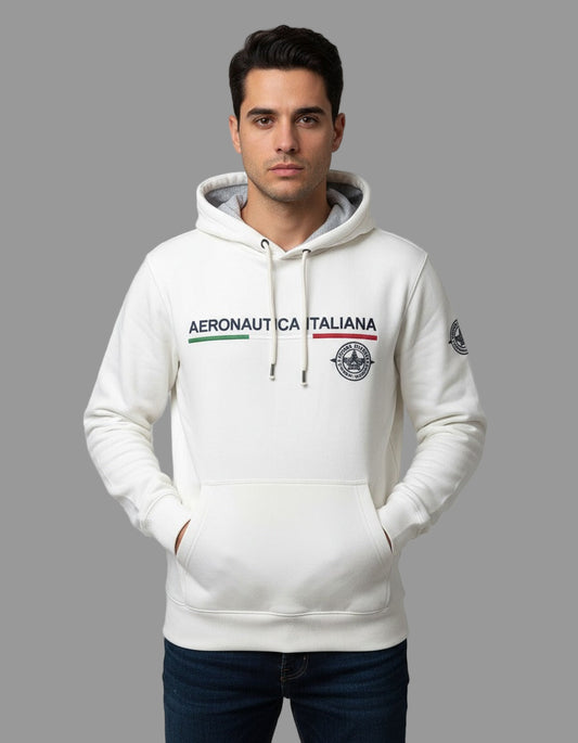 Man wearing a white hoodie with 'Aeronautica Italiana' logo on a gray background