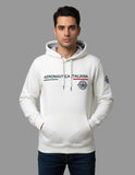 Man wearing a white hoodie with 'Aeronautica Italiana' logo on a gray background