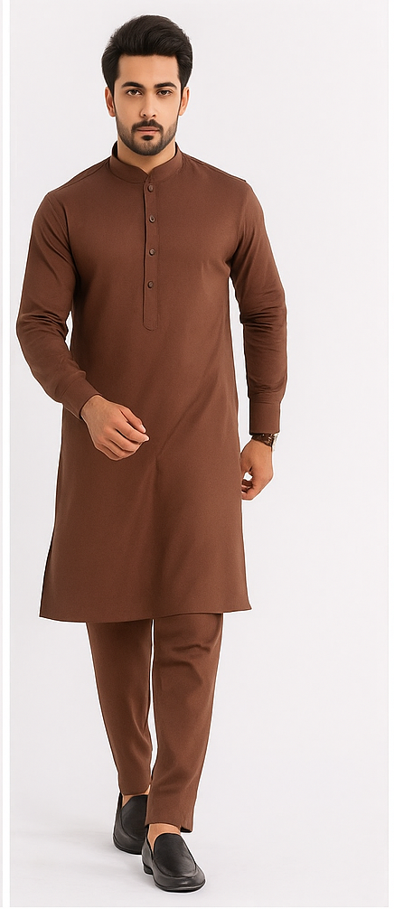 Man wearing a brown kurta with trouser on a white background