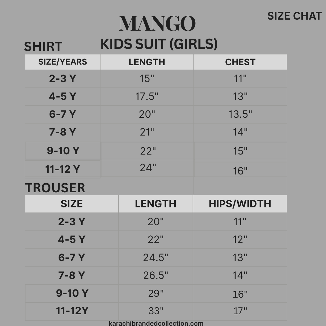 Mango Kids Suit size chart for girls on a gray background
