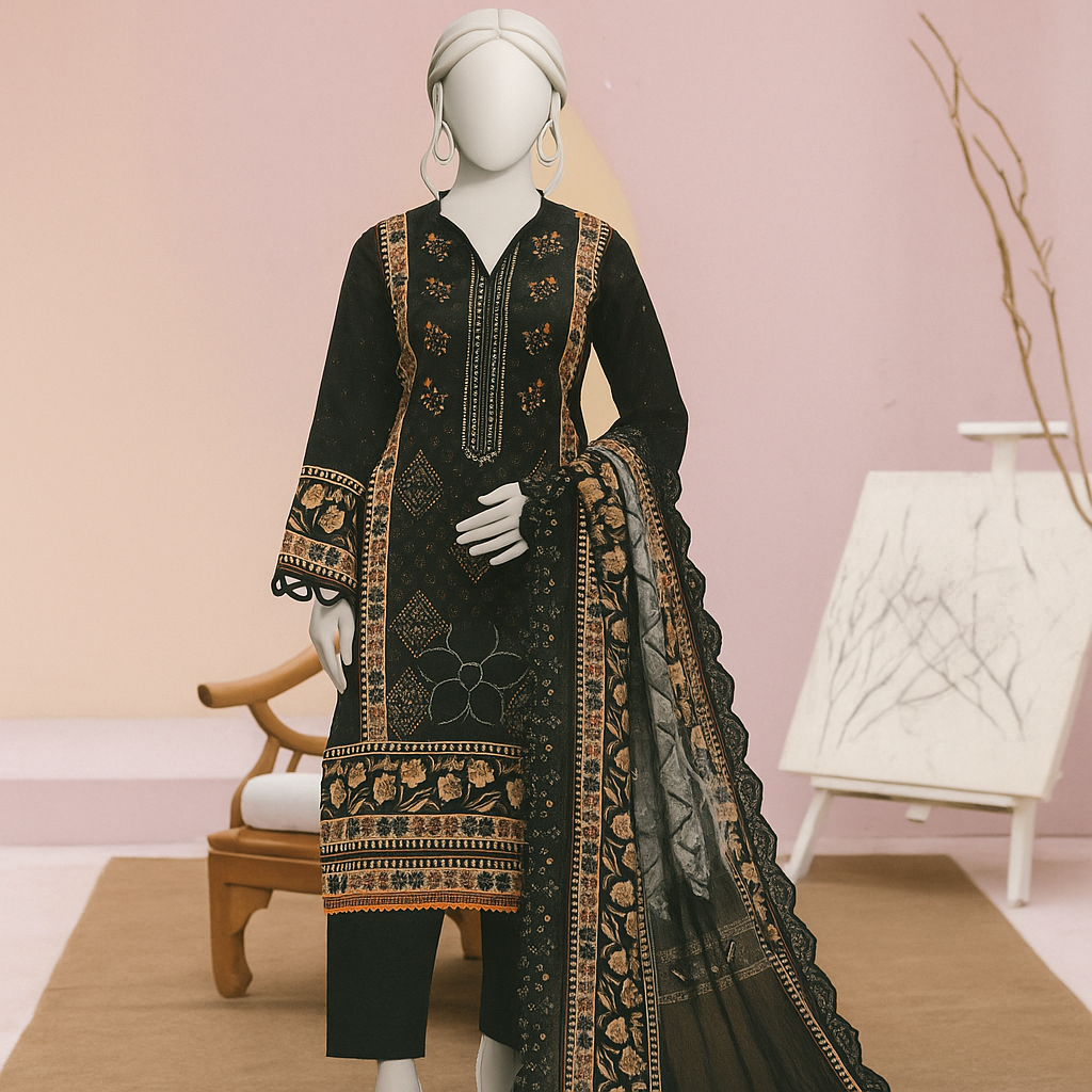 Mannequin wearing a black embroidered outfit with a pink background
