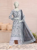 Mannequin wearing a floral dress with a sheer dupatta in a living room setting