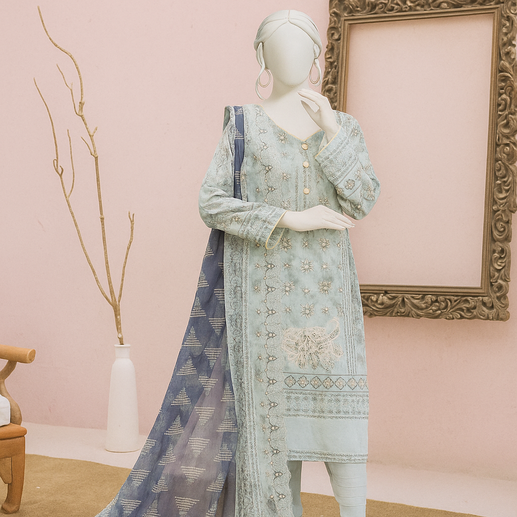 Mannequin wearing a light blue embroidered outfit with a matching dupatta against a pink wall.