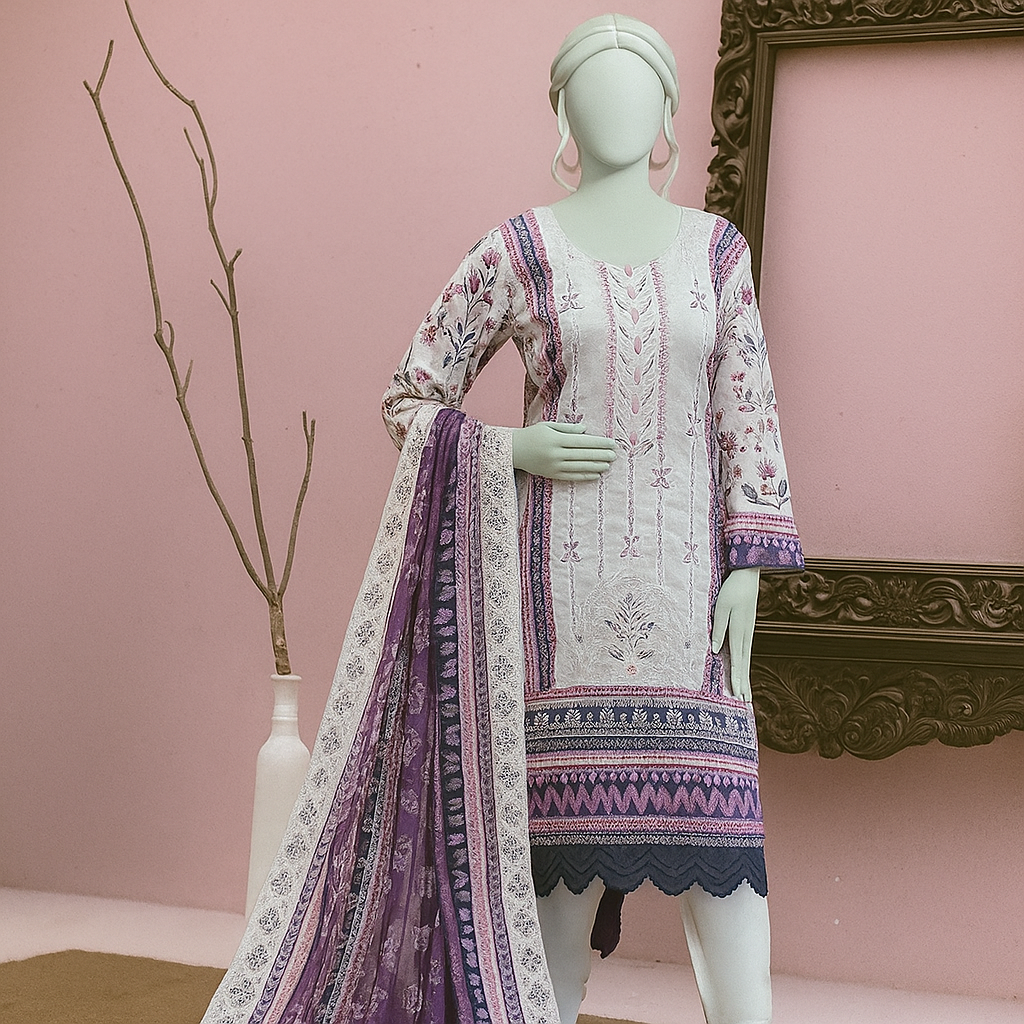 Mannequin wearing a patterned outfit with a pink background