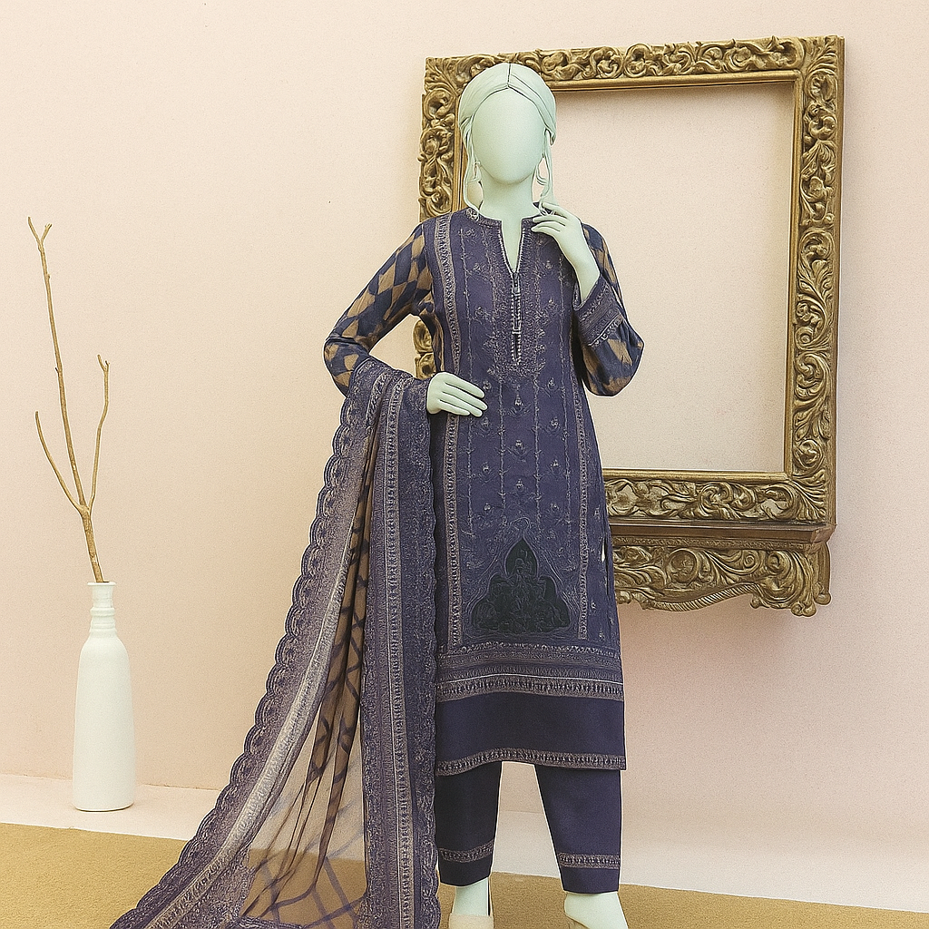 Mannequin wearing a purple embroidered outfit with a gold frame and vase in the background