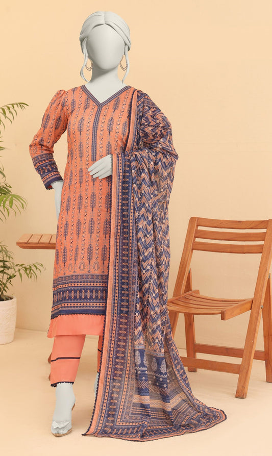 Mannequin wearing an orange and blue patterned outfit with a matching dupatta on a beige background.