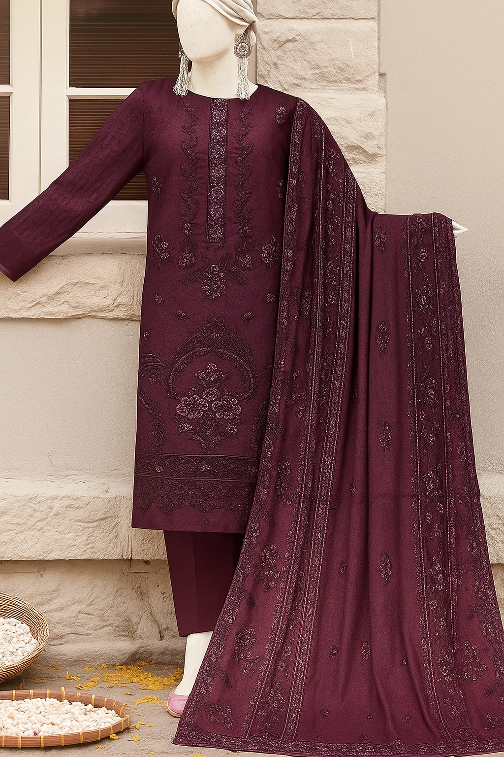 Maroon embroidered traditional outfit with dupatta on a stone wall background