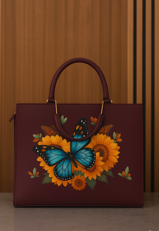 Maroon handbag with butterfly and floral design on a wooden background