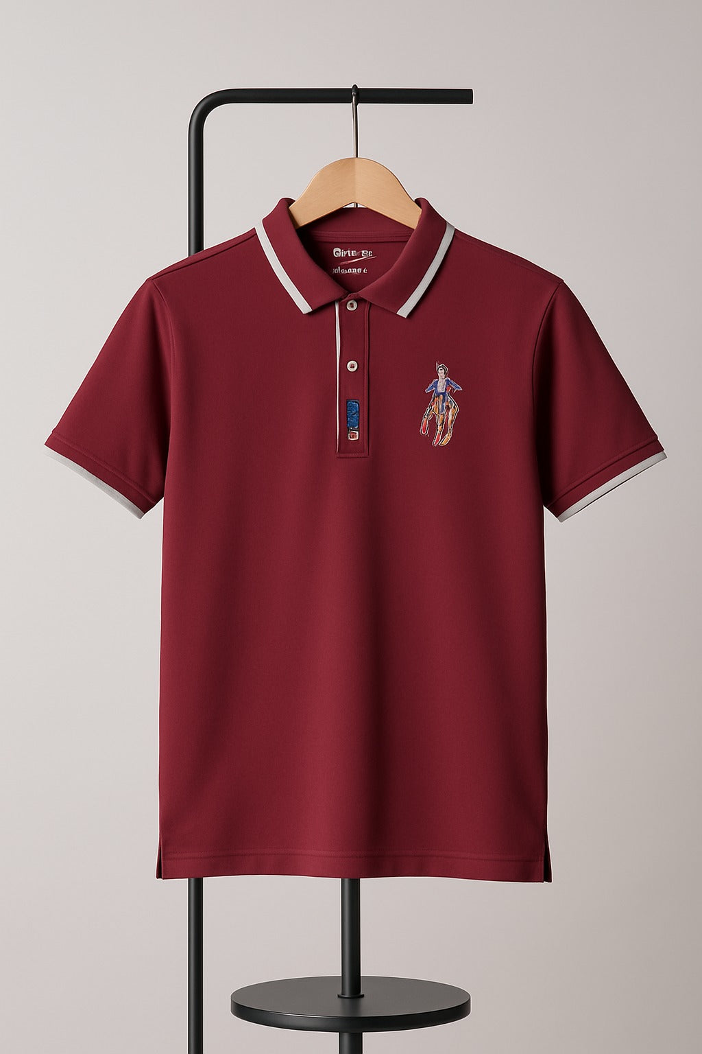 Maroon polo shirt with a logo on a hanger against a plain background