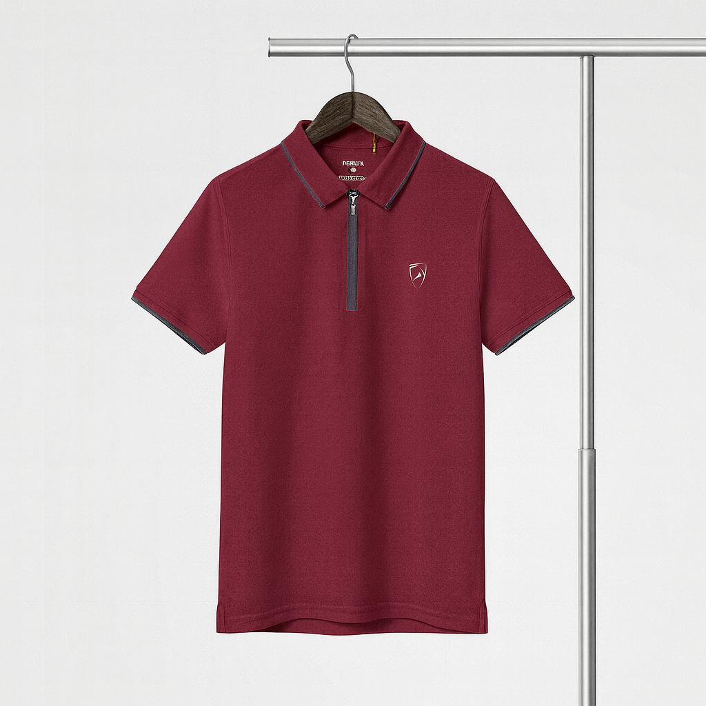 Maroon polo shirt with a small logo on a hanger against a light gray background