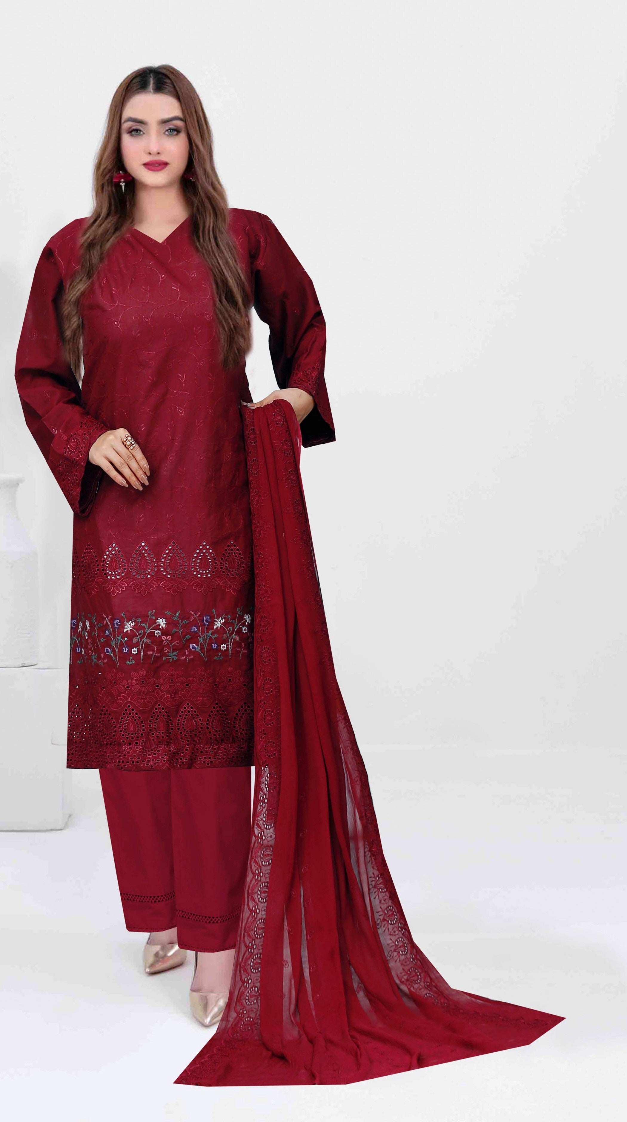 Maroon traditional outfit with embroidered dupatta on a white background