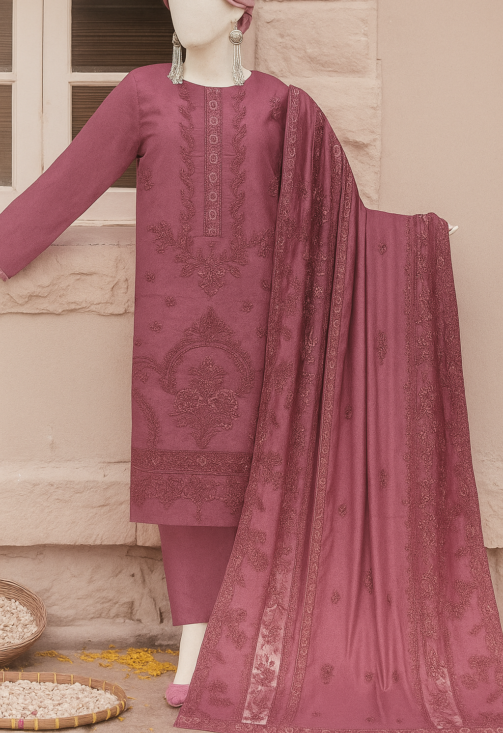 Mauve embroidered traditional outfit with dupatta on a neutral background